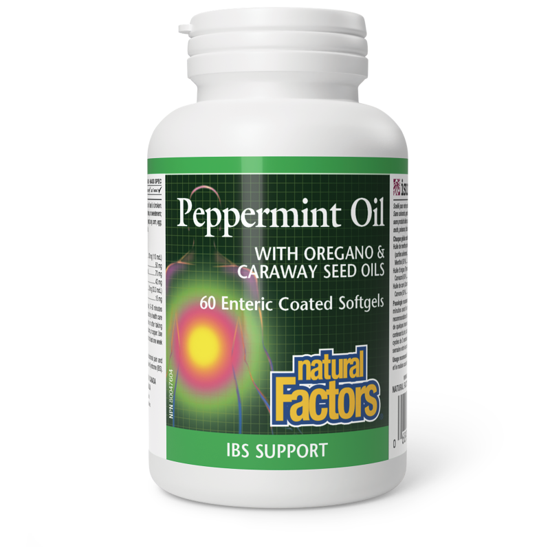 Natural Factors Peppermint Oil  with Oregano & Caraway Seed Oils   60 Enteric Coated Softgels