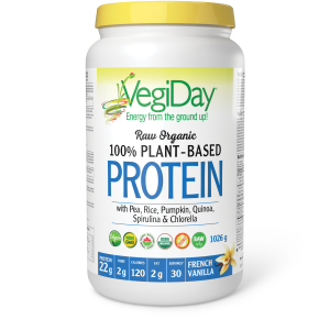 VegiDay® Raw Organic 100% Plant-Based Protein with Pea, Rice, Pumpkin, Quinoa, Spirulina & Chlorella French Vanilla Powder
