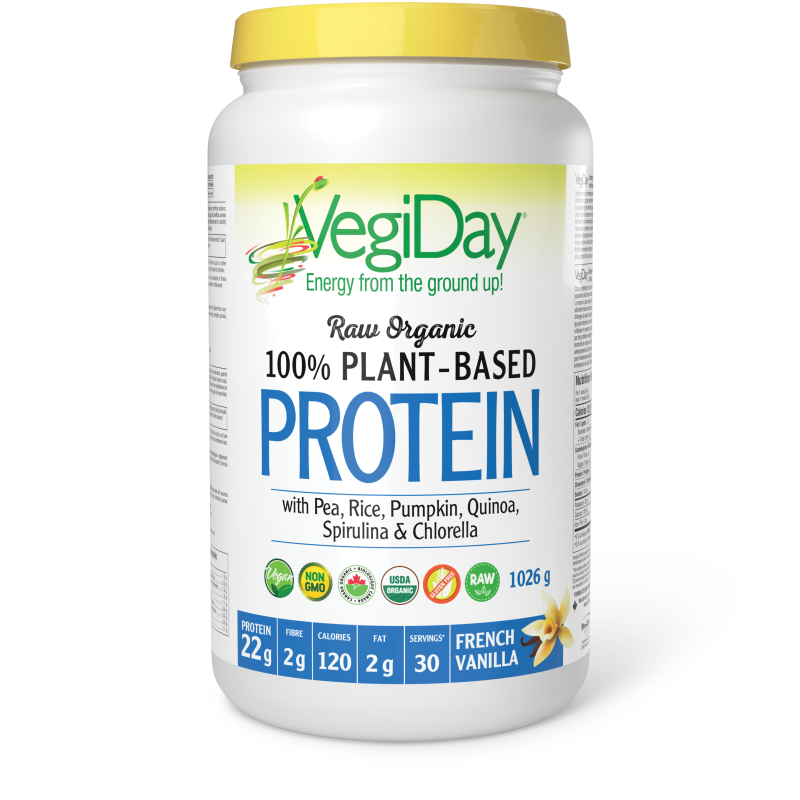 VegiDay® Raw Organic 100% Plant-Based Protein with Pea, Rice, Pumpkin, Quinoa, Spirulina & Chlorella French Vanilla Powder