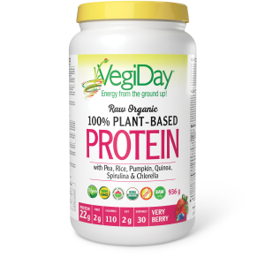 VegiDay® Raw Organic 100% Plant-Based Protein with Pea, Rice, Pumpkin, Quinoa, Spirulina & Chlorella Very Berry Powder