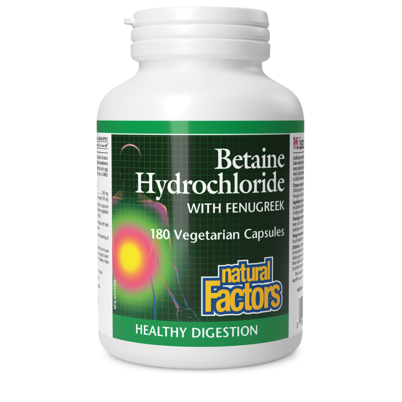 Natural Factors Betaine Hydrochloride  with Fenugreek   180 Vegetarian Capsules
