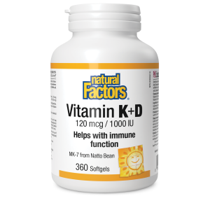 Natural Factors Vitamin K+D  120 mcg / 1000 IU  360 Softgels